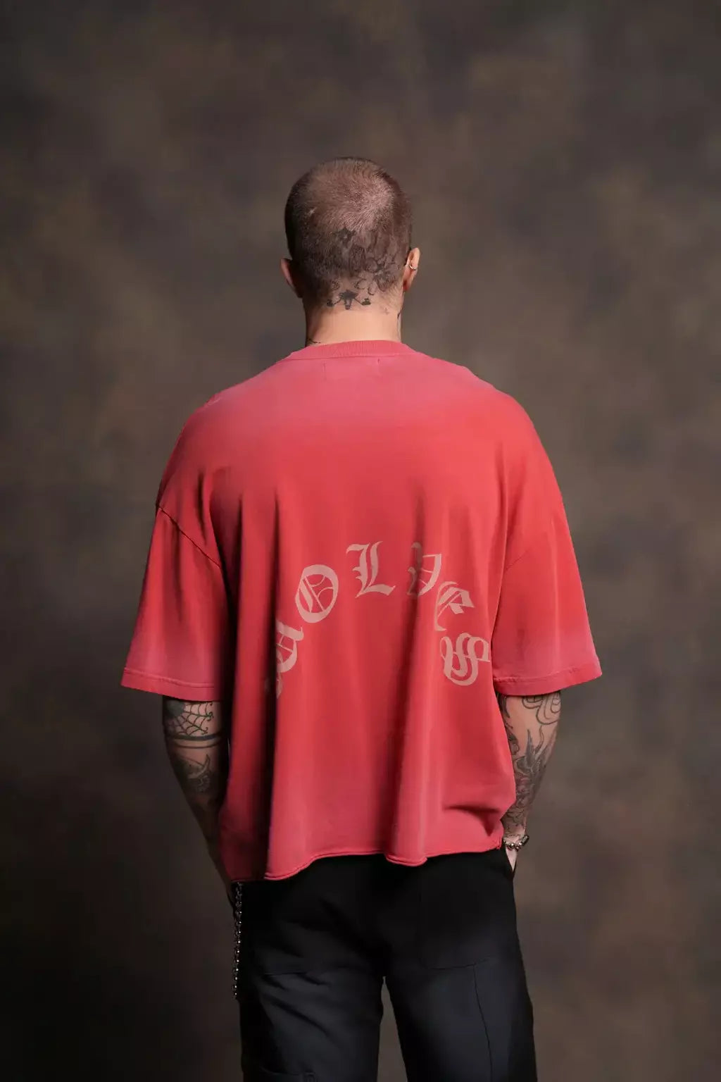 DS/HAR-0073 Our Clubs Premium Unisex Raw Hem “Box Cut” Tee in Roman Red Drift Wash