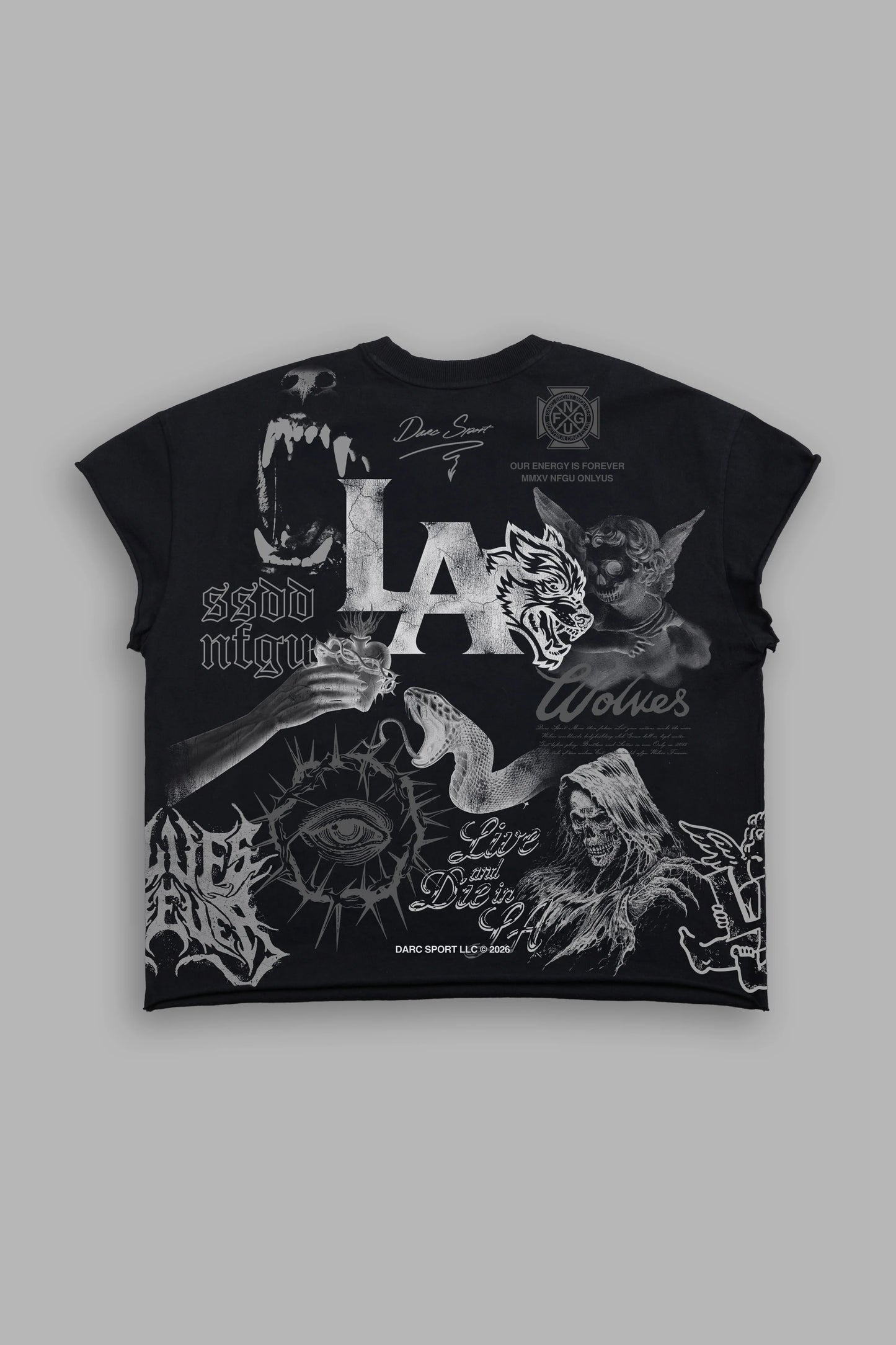 DS-0177 Homage To LA Grunge Mid Length Raw Hem Cap Sleeve Tee in Black