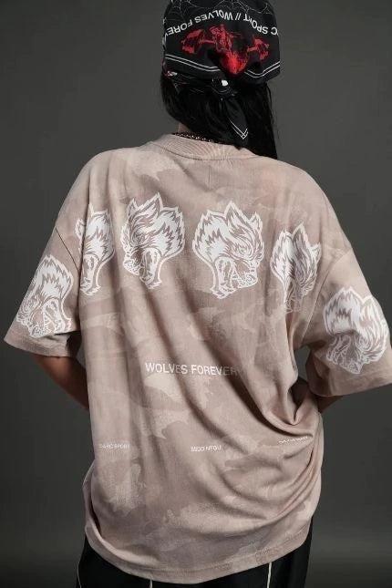 DS-0044 Wolves Have Your Back Unisex “Premium” Oversized Tee in Clay Vintage Woodland Camo