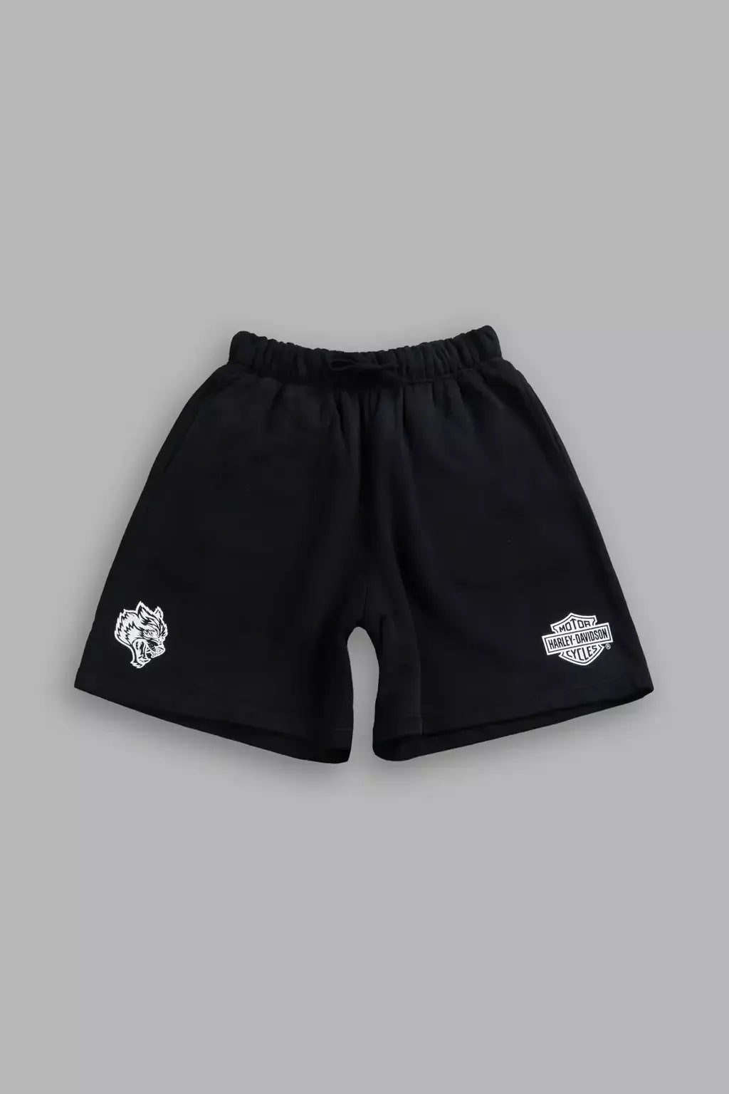 DS/HAR-0067 Harley-Davidson Wolves Oversized Post Lounge Sweat Shorts V2 in Black Drift Wash