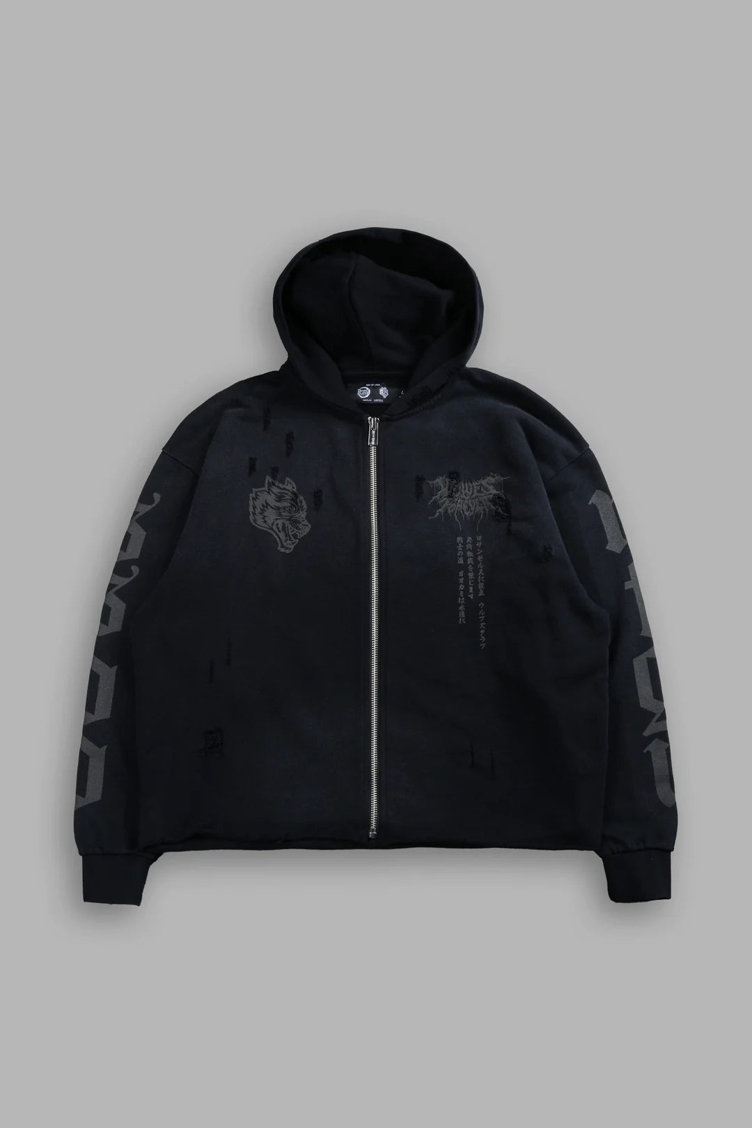 DS-0138 Blood Moon Distressed Grunge Mid Length Raw Hem Zip Hoodie in Black Sun Fade