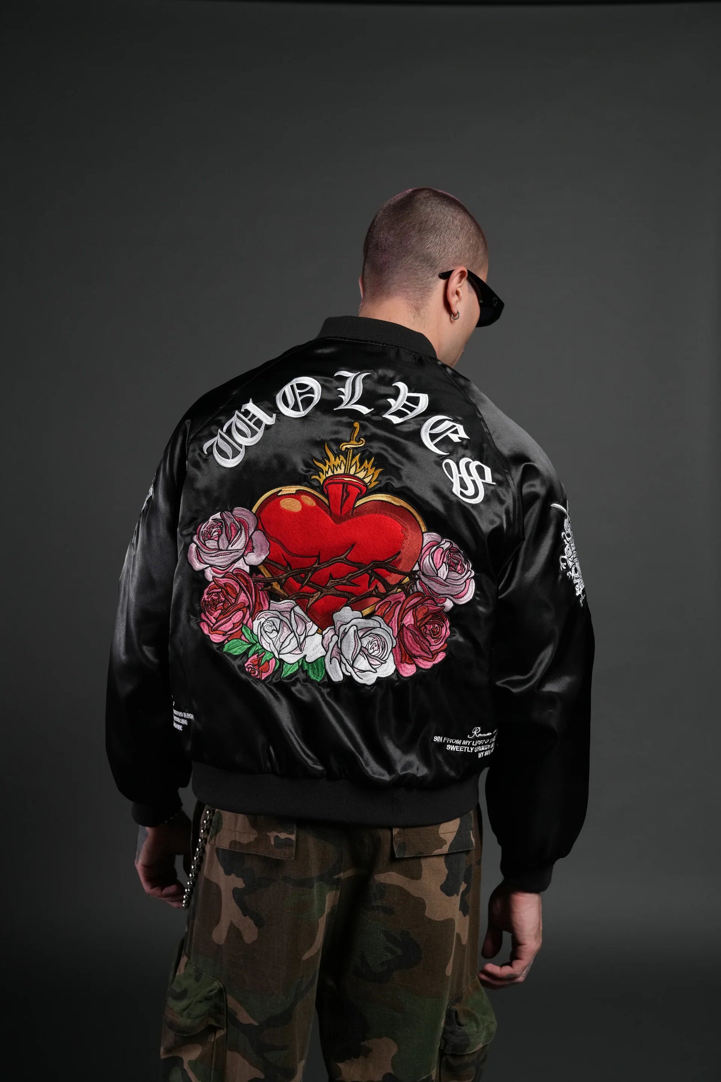 DS-0103 Last Love Unisex Cropped Satin Bomber Jacket in Black
