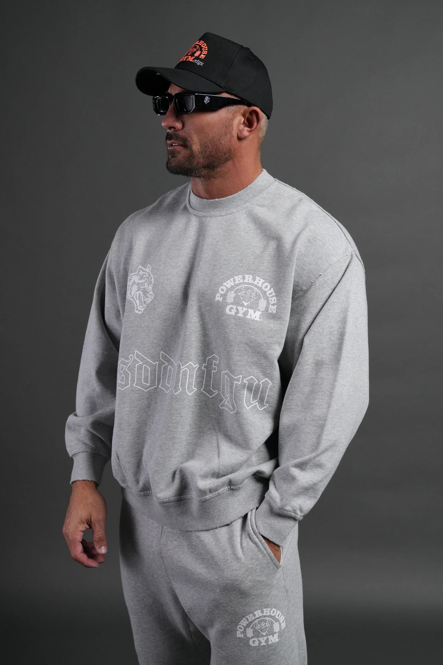 DS-0130 Powerhouse Moth Destroyed Oversized London Crewneck in Light Athletic Gray