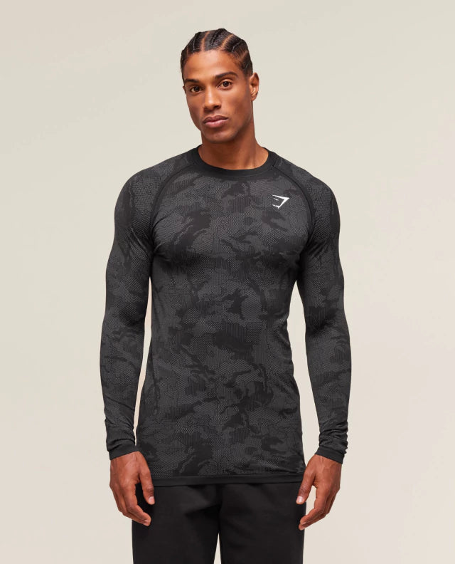 GS-0013 GEO SEAMLESS Long Sleeve T-SHIRT Black Charcoal Grey