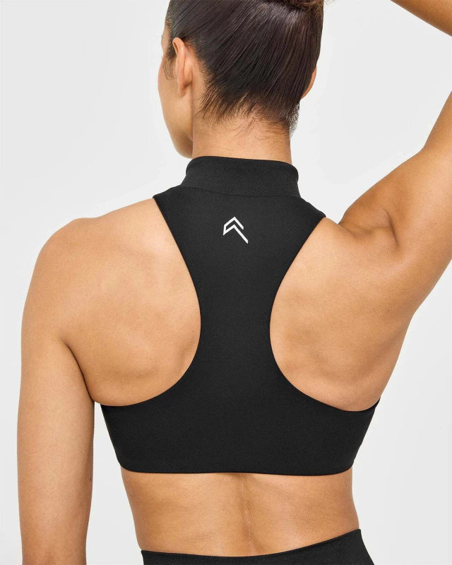 EasyLift™ Zip High Neck Sports Bra with White Logo - Black