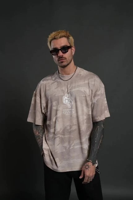 DS-0044 Wolves Have Your Back Unisex “Premium” Oversized Tee in Clay Vintage Woodland Camo