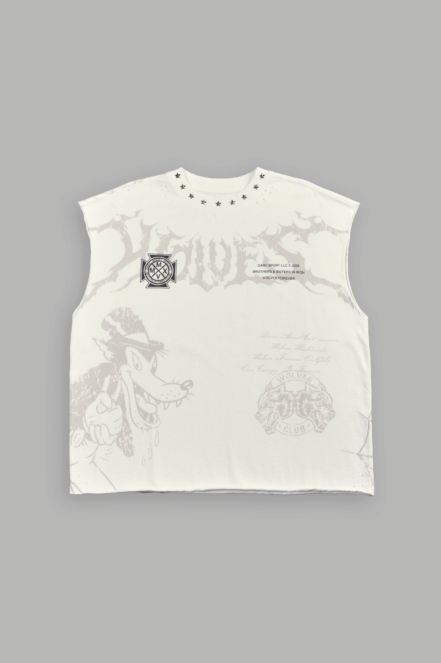 DS-0293 Big & Bad Distressed Grunge Mid Length Raw Hem Muscle Tee in Cream