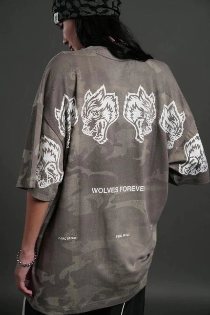DS-0044 Wolves Have Your Back Unisex “Premium” Oversized Tee in Lush Vintage Woodland Camo