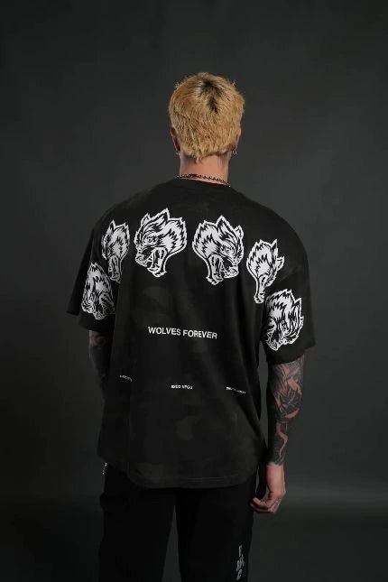 DS-0044 Wolves Have Your Back Unisex “Premium” Oversized Tee in Black Vintage Woodland Camo
