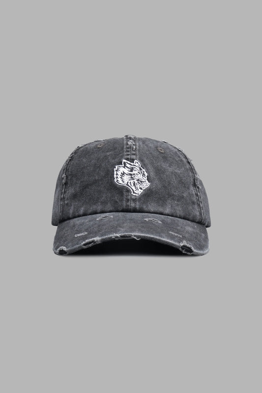 DSA-0020 WOLF HEAD DISTRESSED DAD HAT IN BLACK