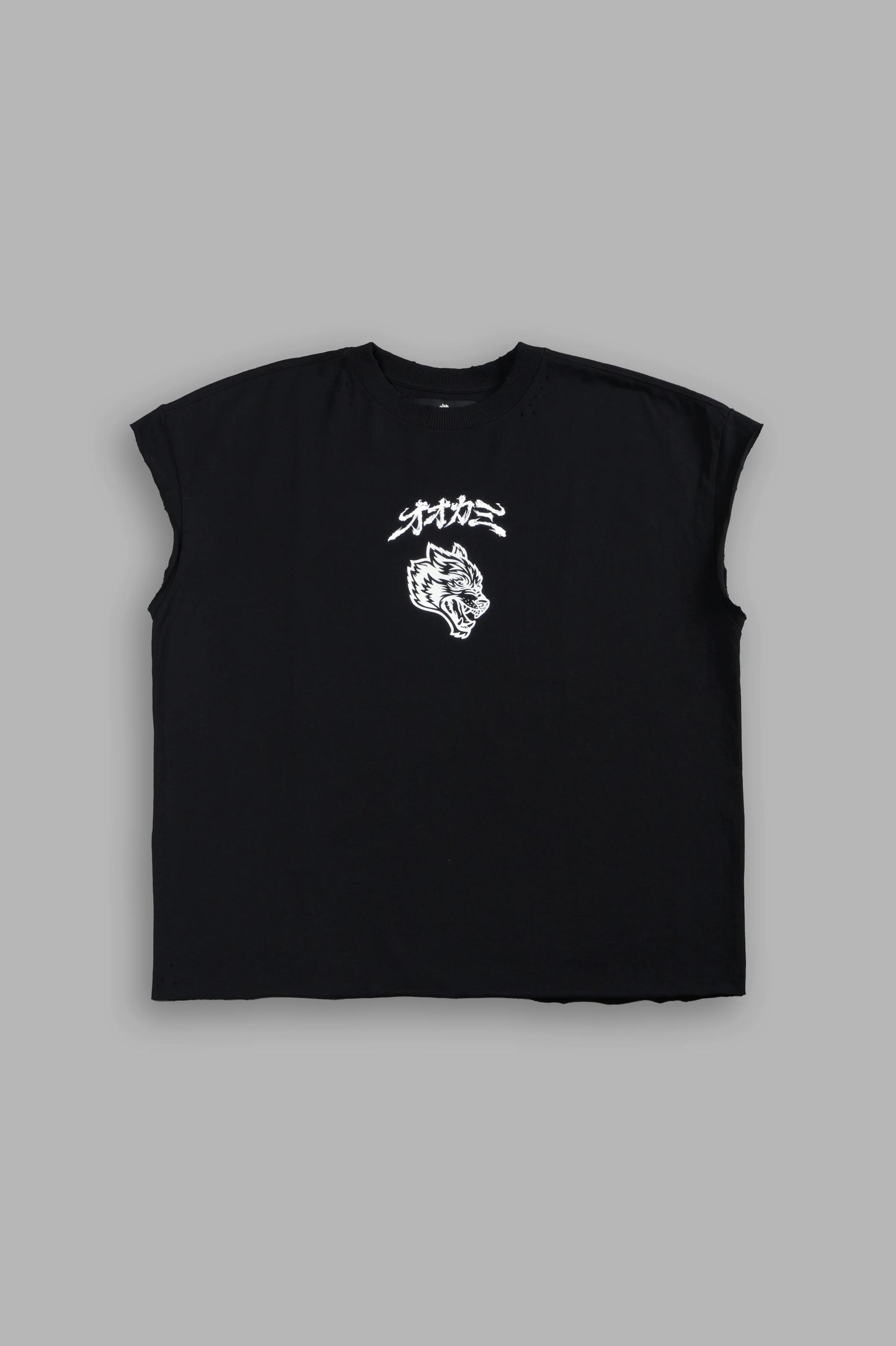 DS-0315 OUR CODE DISTRESSED GRUNGE CUT OFF MID LENGTH RAW HEM TEE IN BLACK