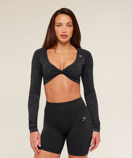 GSW-0077 Adapt Animal X Whitney Long Sleeve Crop Top - Black/Asphalt Grey