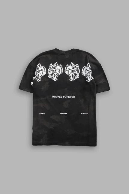 DS-0044 Wolves Have Your Back Unisex “Premium” Oversized Tee in Black Vintage Woodland Camo