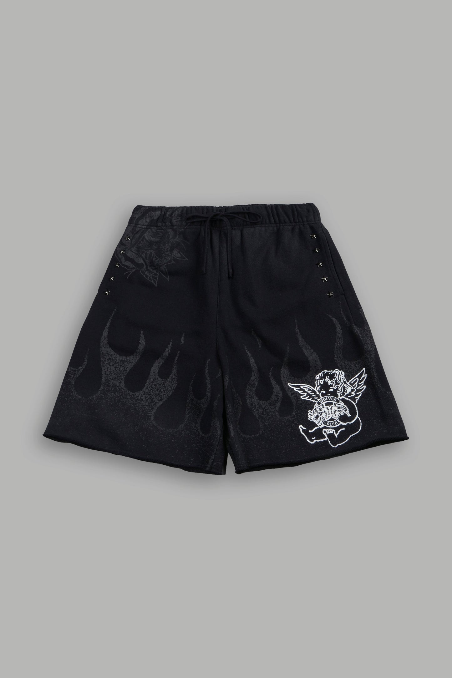 DS-0295 Wolves Club Cherub Inferno Grunge Oversized Raw Hem Post Lounge Sweat Shorts in Black Drift Wash