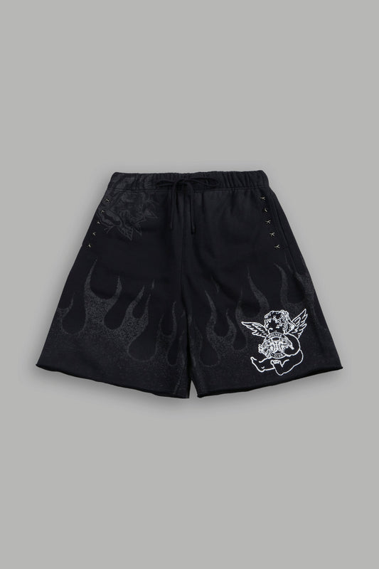 DS-0295 Wolves Club Cherub Inferno Grunge Oversized Raw Hem Post Lounge Sweat Shorts in Black Drift Wash