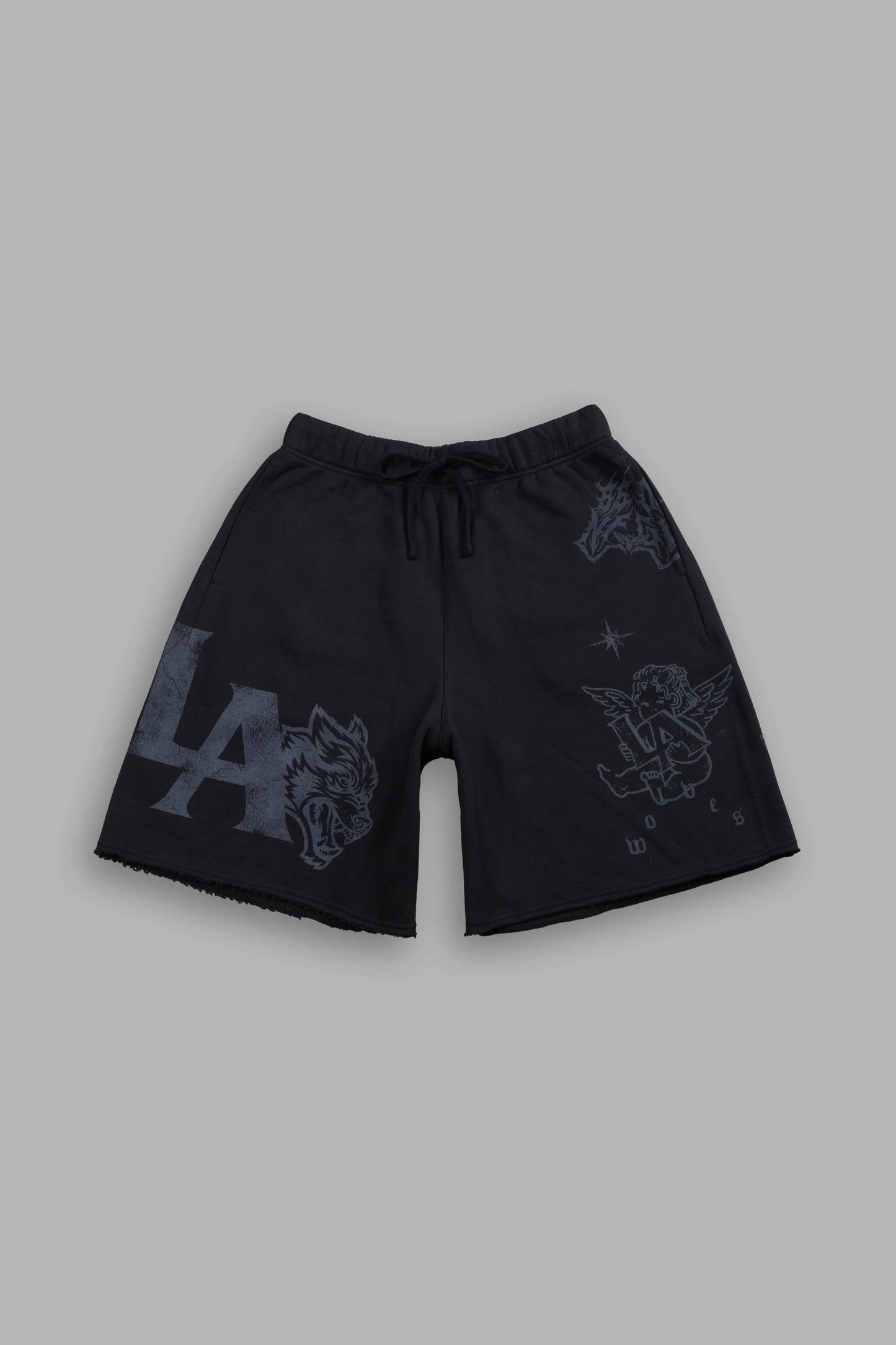 DS-0207 Homage to La Raw Hem Oversized Post Lounge Sweat Shorts in Black