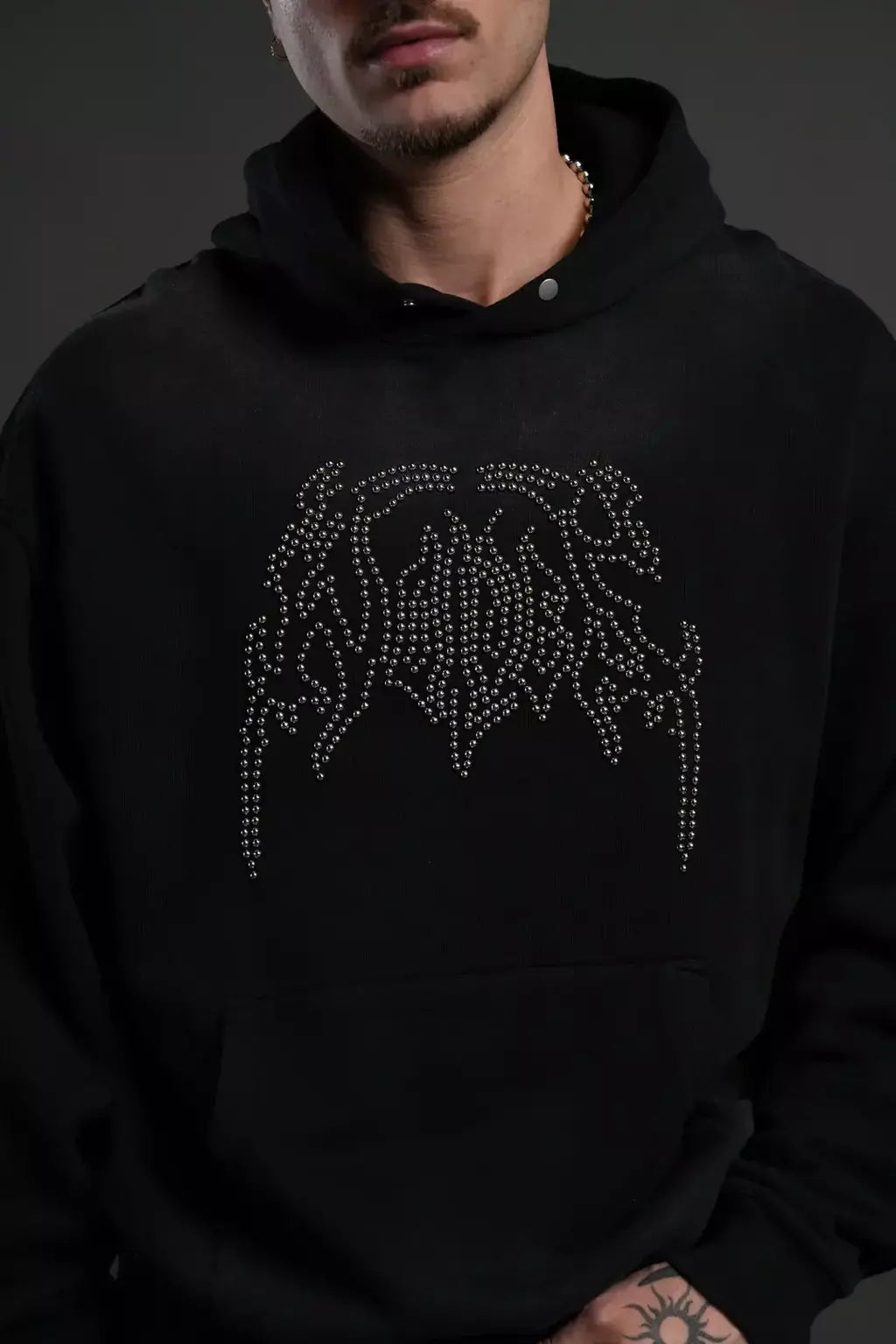 DS-0041 Studded Respect Unisex “Pierce” Hoodie in Black Drift Wash