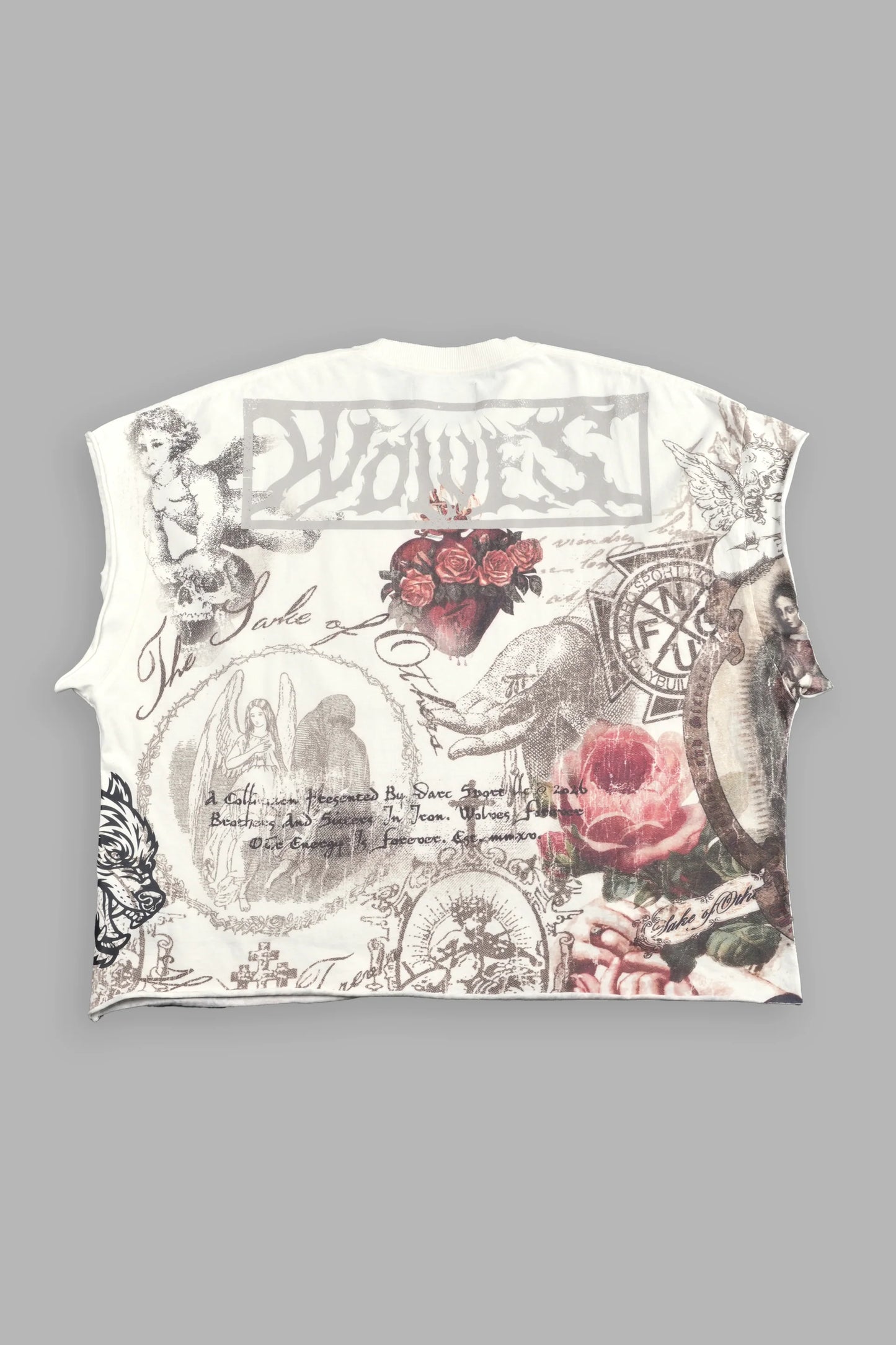 DS-0098 Heart of Thorns Distressed Grunge Cut-Off Mid-Length Raw Hem Tee in Cream