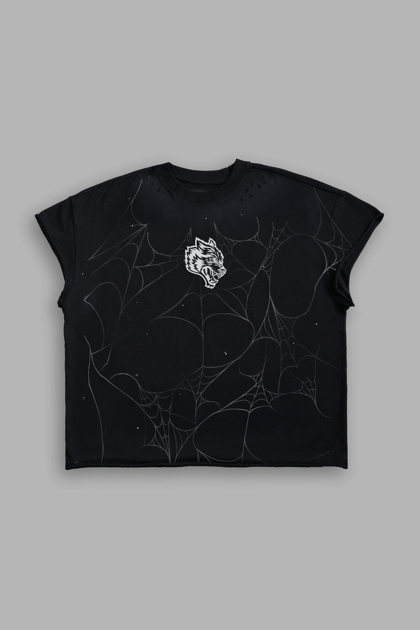DS-0245 Web Chopper Distressed Grunge Mid Length Raw Hem Cap Sleeve Tee in Black Drift Wash