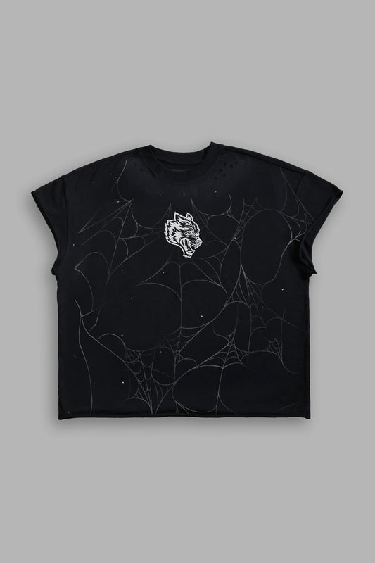 DS-0245 Web Chopper Distressed Grunge Mid Length Raw Hem Cap Sleeve Tee in Black Drift Wash