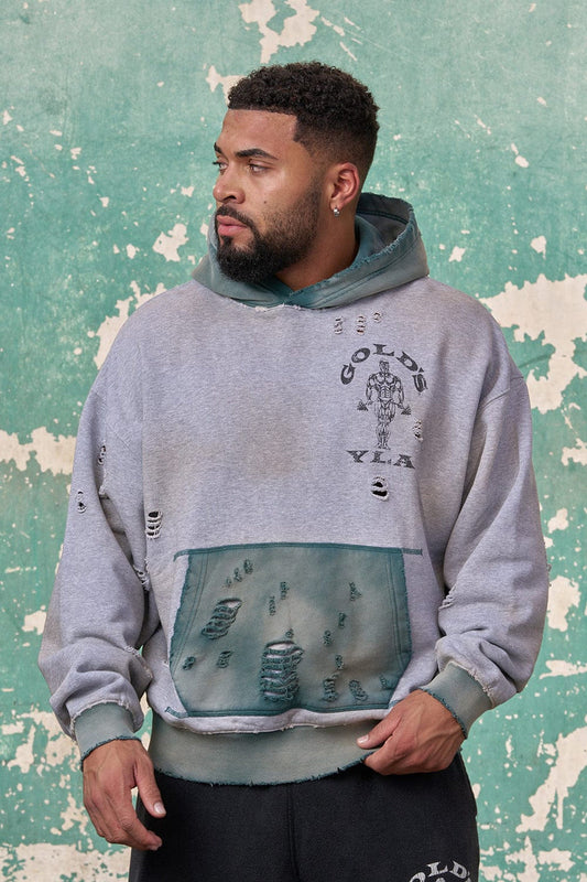 5168 - Gold’s Iron Legacy Distress Hoodies - Heather Grey/Teal Wash