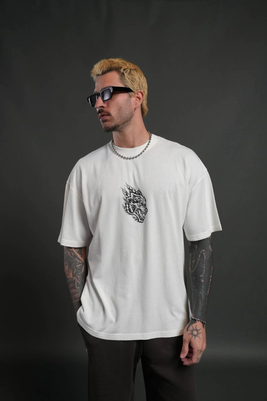 DS-0047 Wolves Inferno “Premium” Oversized Tee in Cream