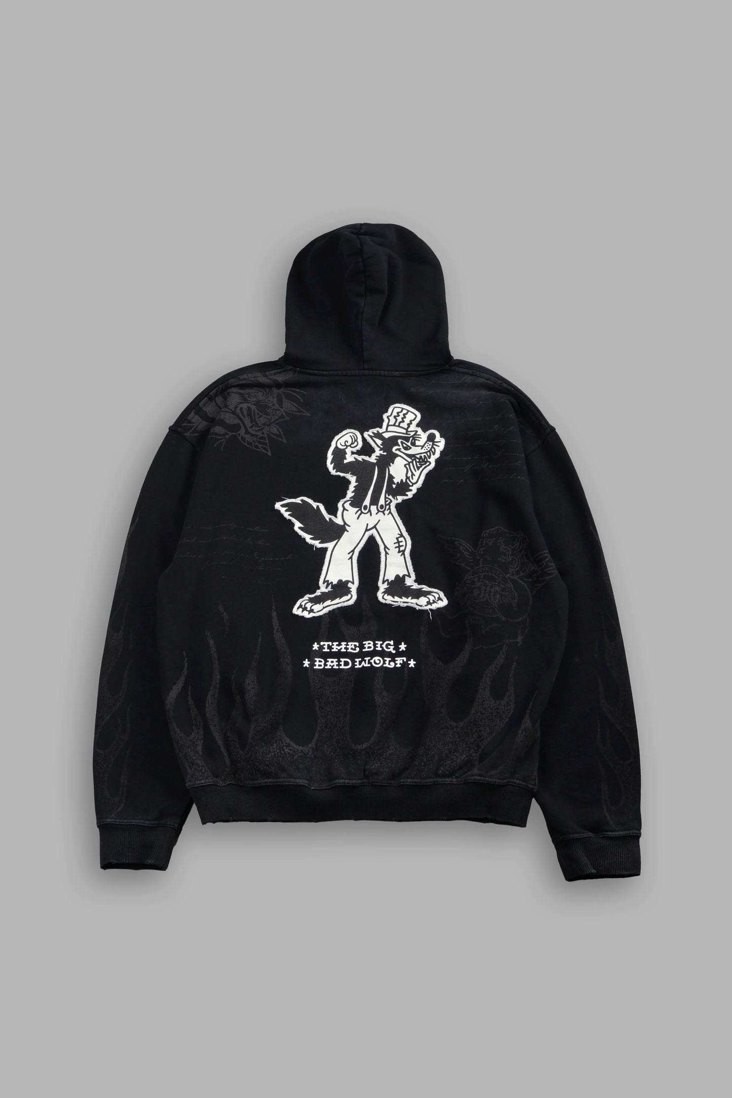 DS-0309 BIG BAD WOLF APPLIQUE GRUNGE MOATIS HOODIE IN BLACK DRIFT WASH