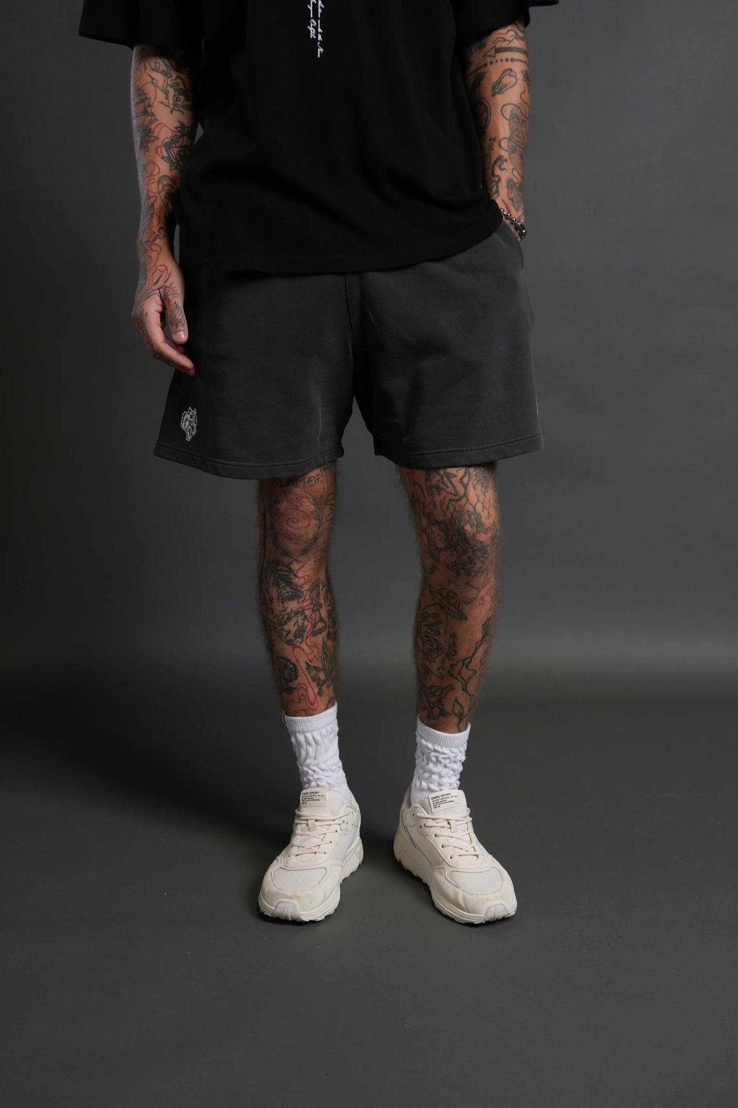 DS-0196 Box Patch Dual Post Lounge Sweat Shorts V2 in Wolf Gray
