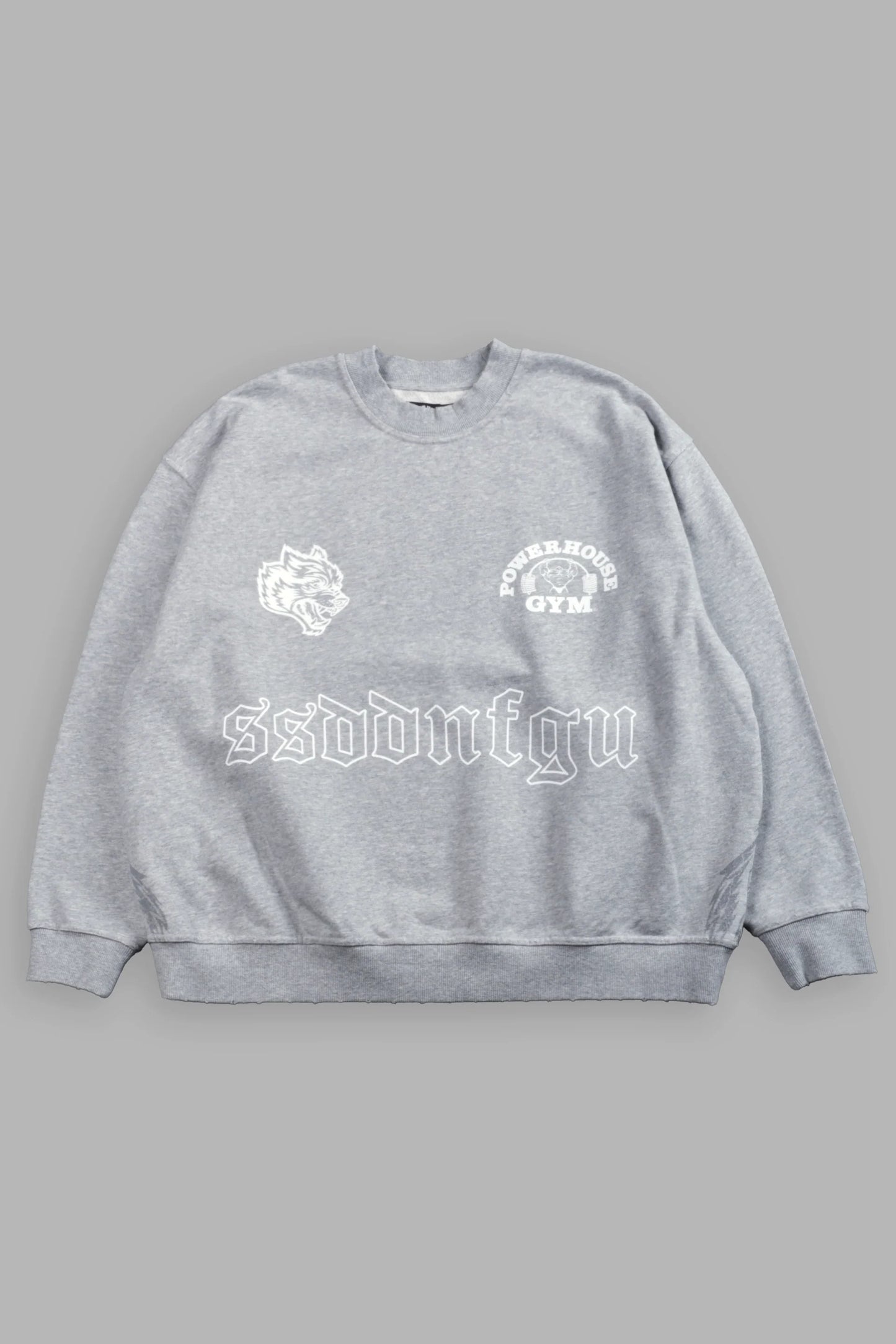 DS-0130 Powerhouse Moth Destroyed Oversized London Crewneck in Light Athletic Gray