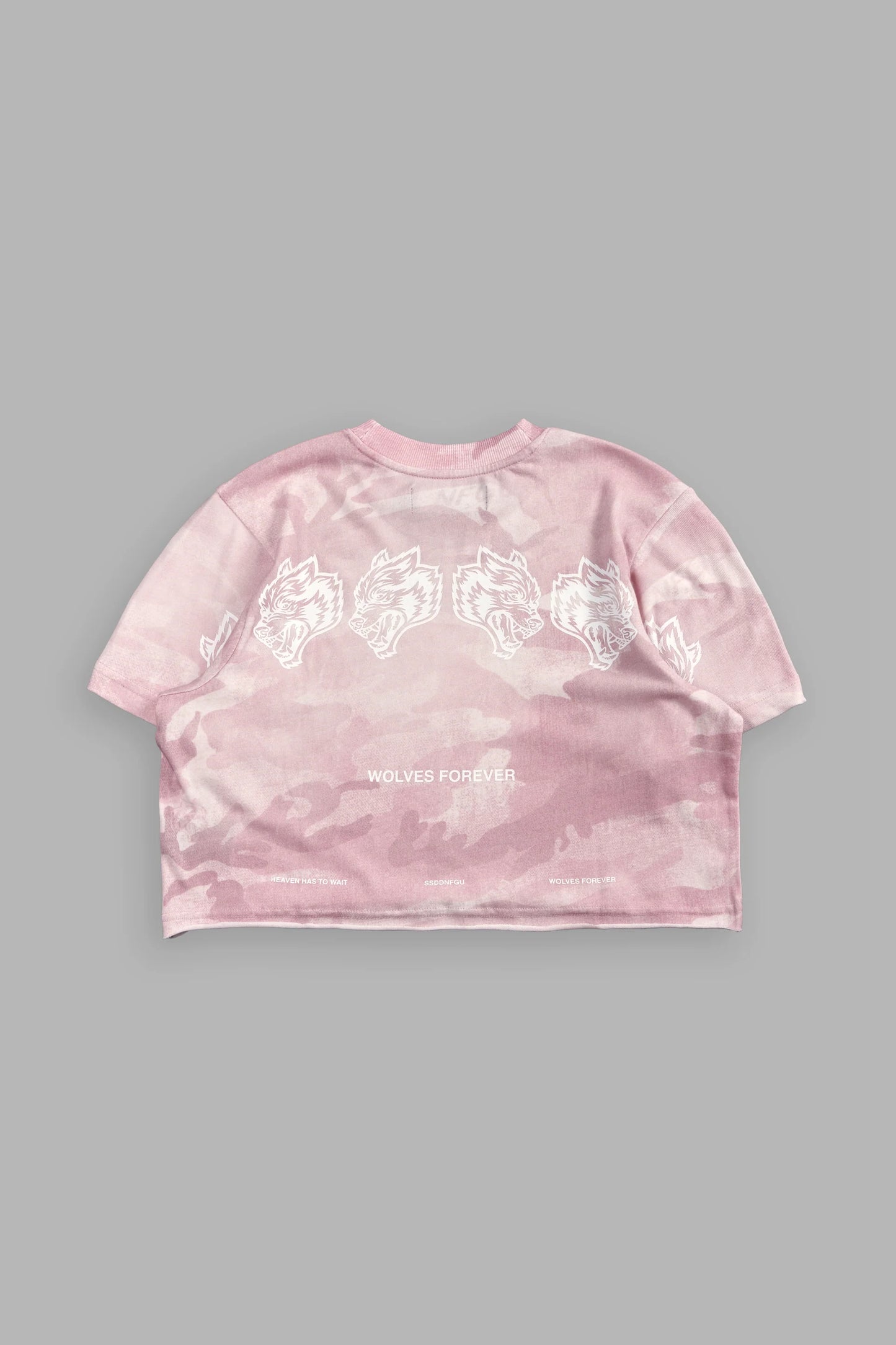 DSHE-0052 Wolves Have Your Back Premium Oversized Cropped Tee in Blush Vintage Woodland Camo