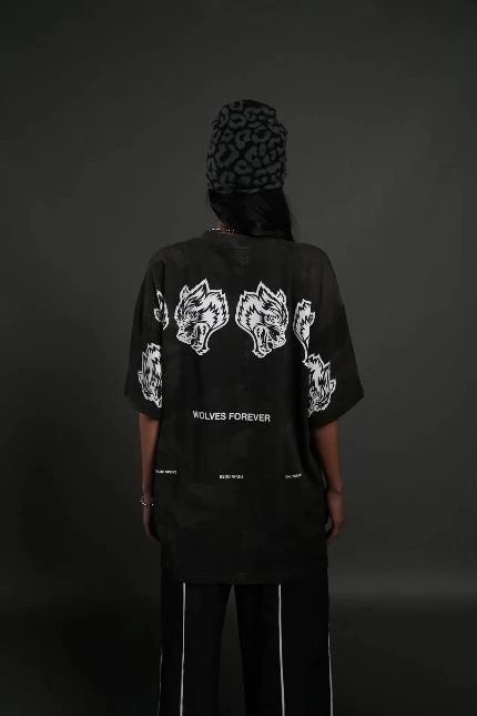 DS-0044 Wolves Have Your Back Unisex “Premium” Oversized Tee in Black Vintage Woodland Camo