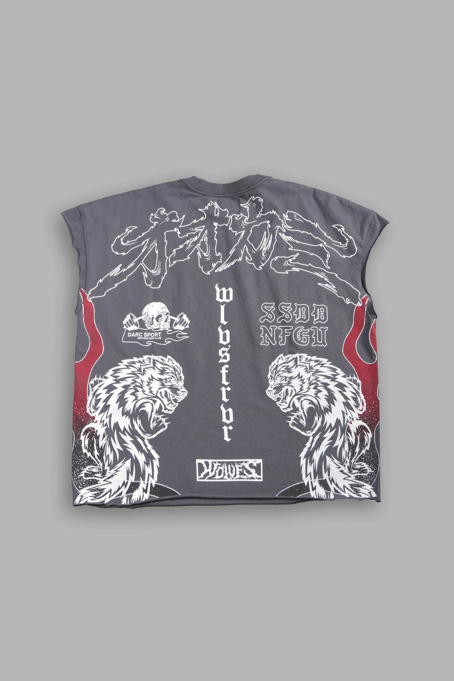 DS-0315 OUR CODE DISTRESSED GRUNGE CUT OFF MID LENGTH RAW HEM TEE IN SLATE GRAY