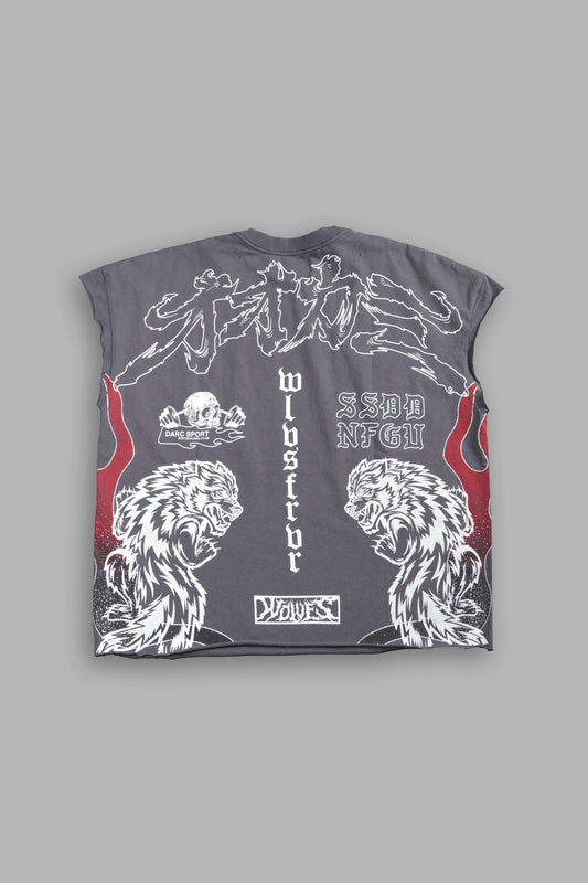 DS-0315 OUR CODE DISTRESSED GRUNGE CUT OFF MID LENGTH RAW HEM TEE IN SLATE GRAY