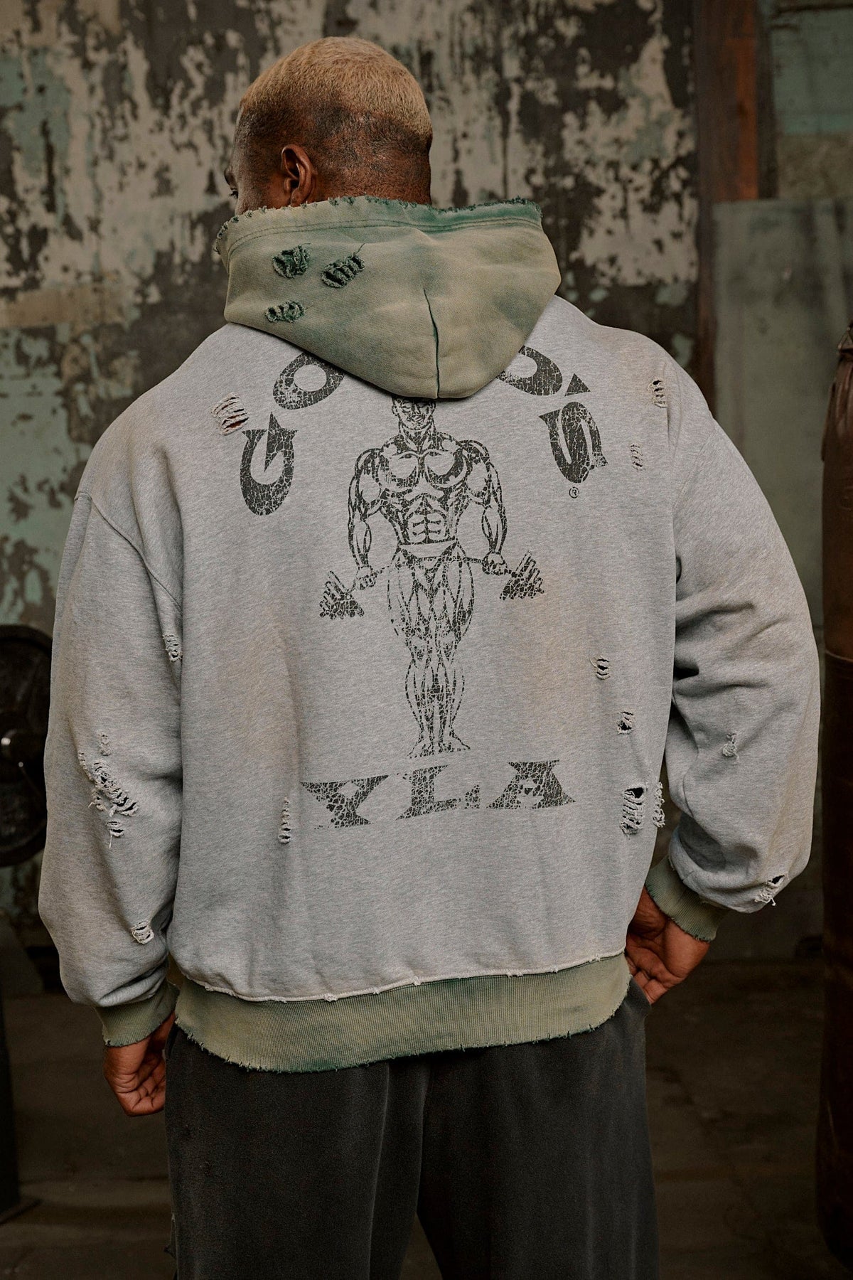 5168 - Gold’s Iron Legacy Distress Hoodies - Heather Grey/Teal Wash