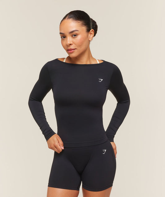 GSW-0080 Everyday Seamless Wide Neck Long Sleeve Top - Black