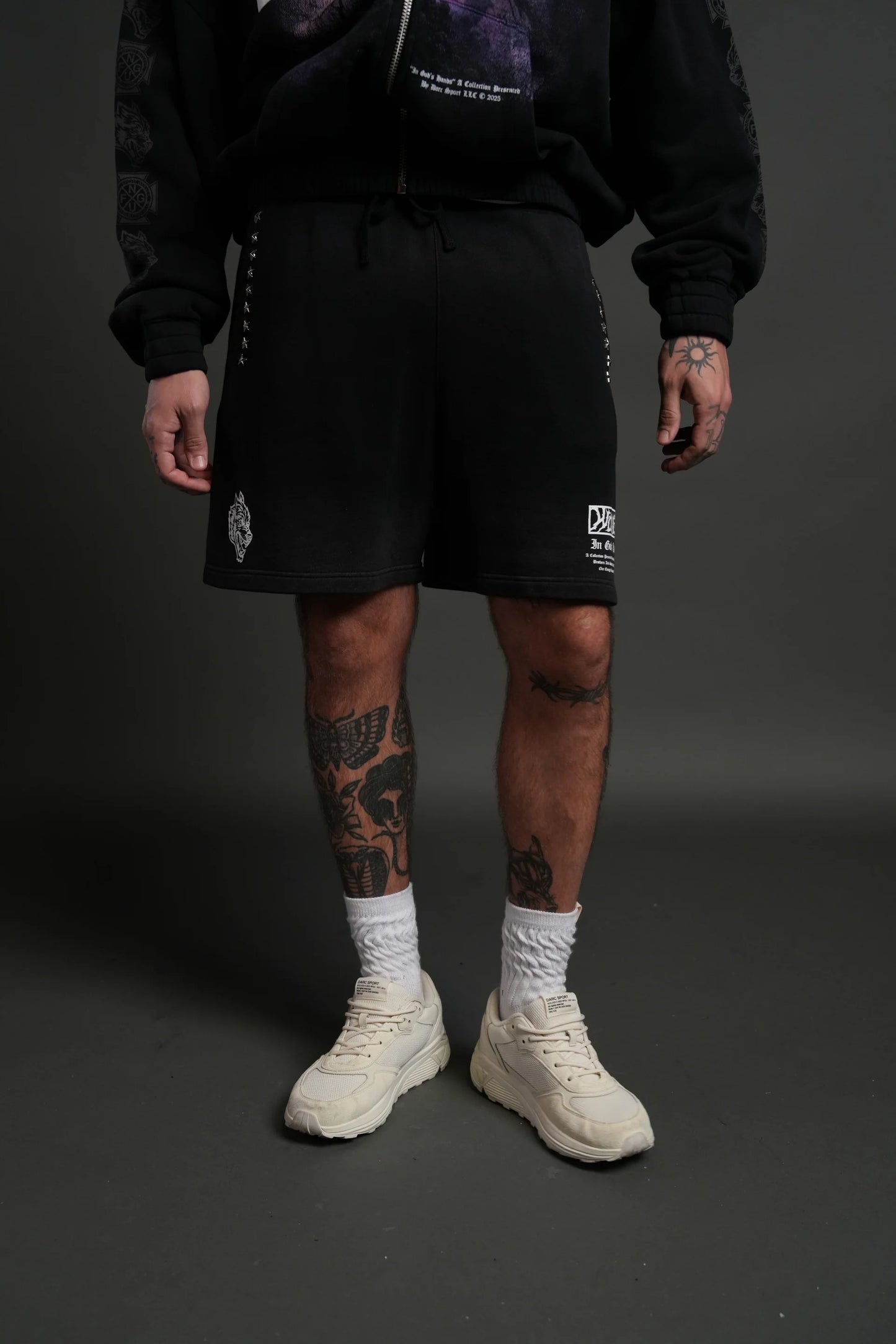 DS-0194 Studded Midnight Wolves Oversized Post Lounge Sweat Shorts in Black Drift Wash