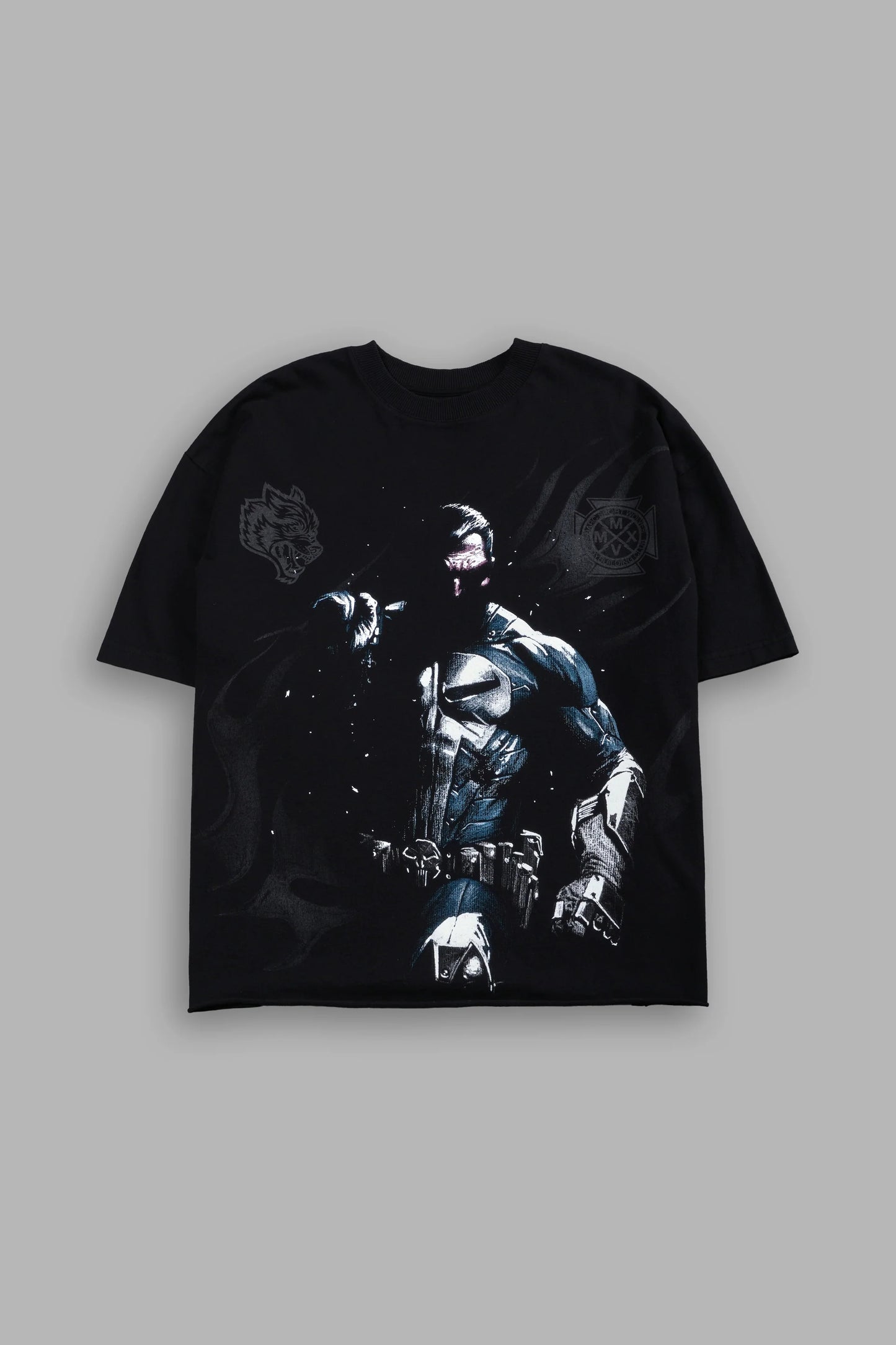 DS-0276 Punisher Grunge Mid-Length Raw Hem Tee in Black