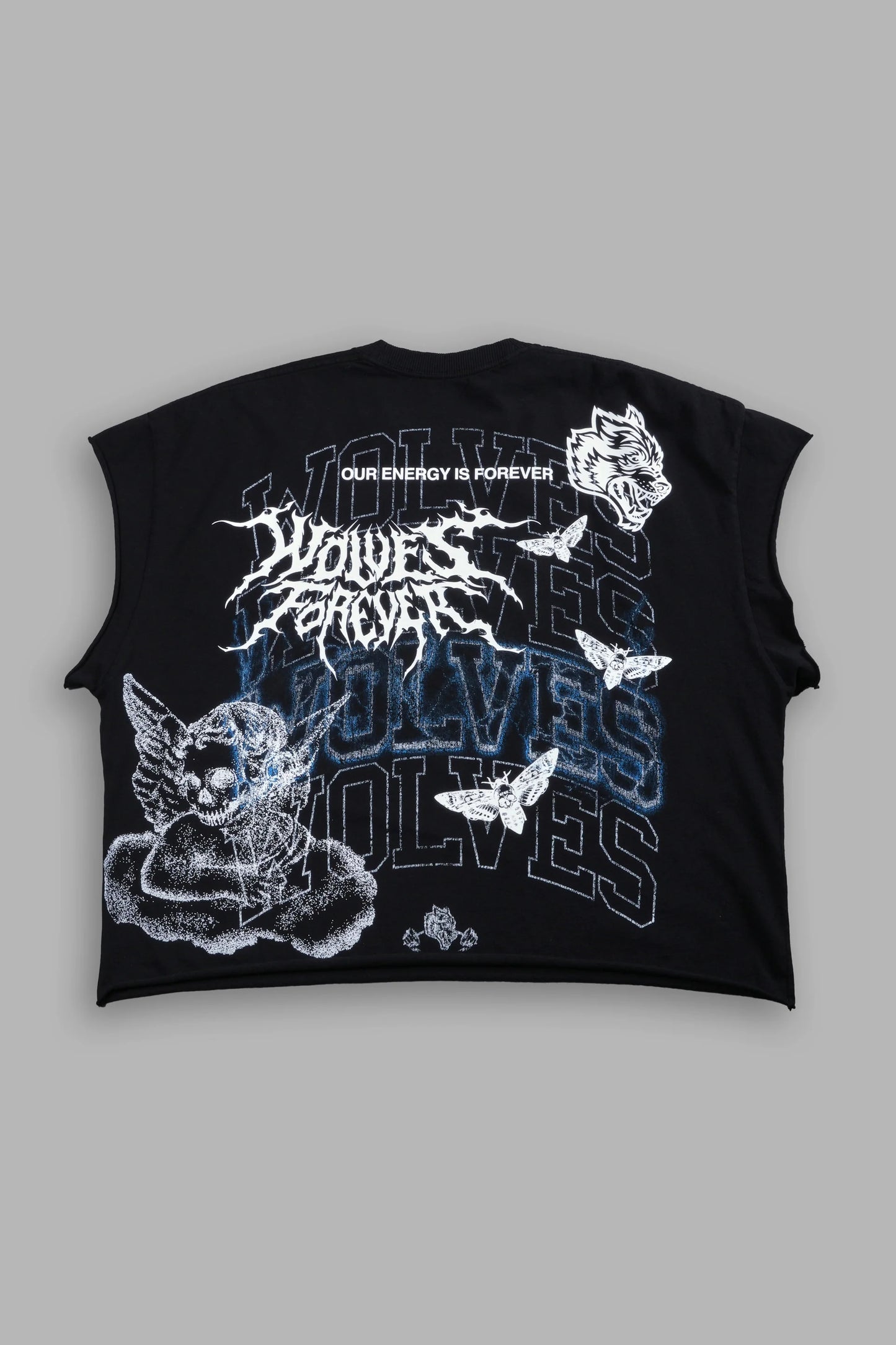 DS-0197 Work in Silence NFGU Grunge Cut-Off Mid Length Raw Hem Tee in Black