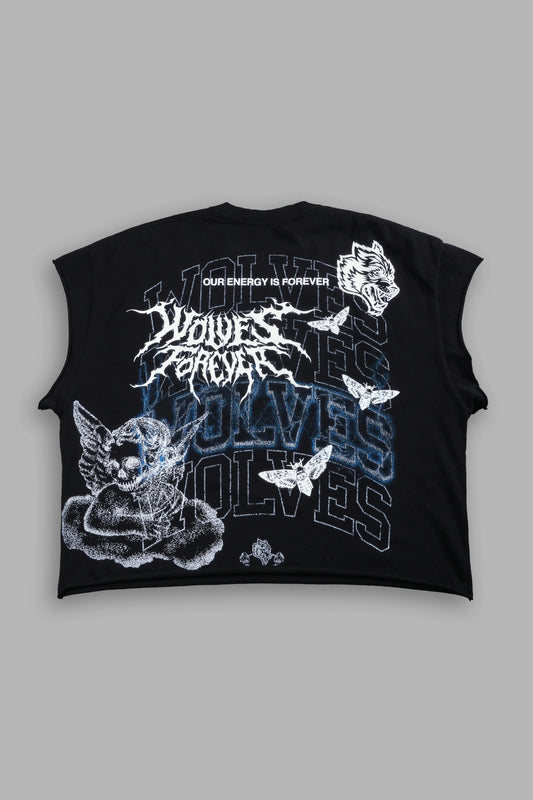 DS-0197 Work in Silence NFGU Grunge Cut-Off Mid Length Raw Hem Tee in Black