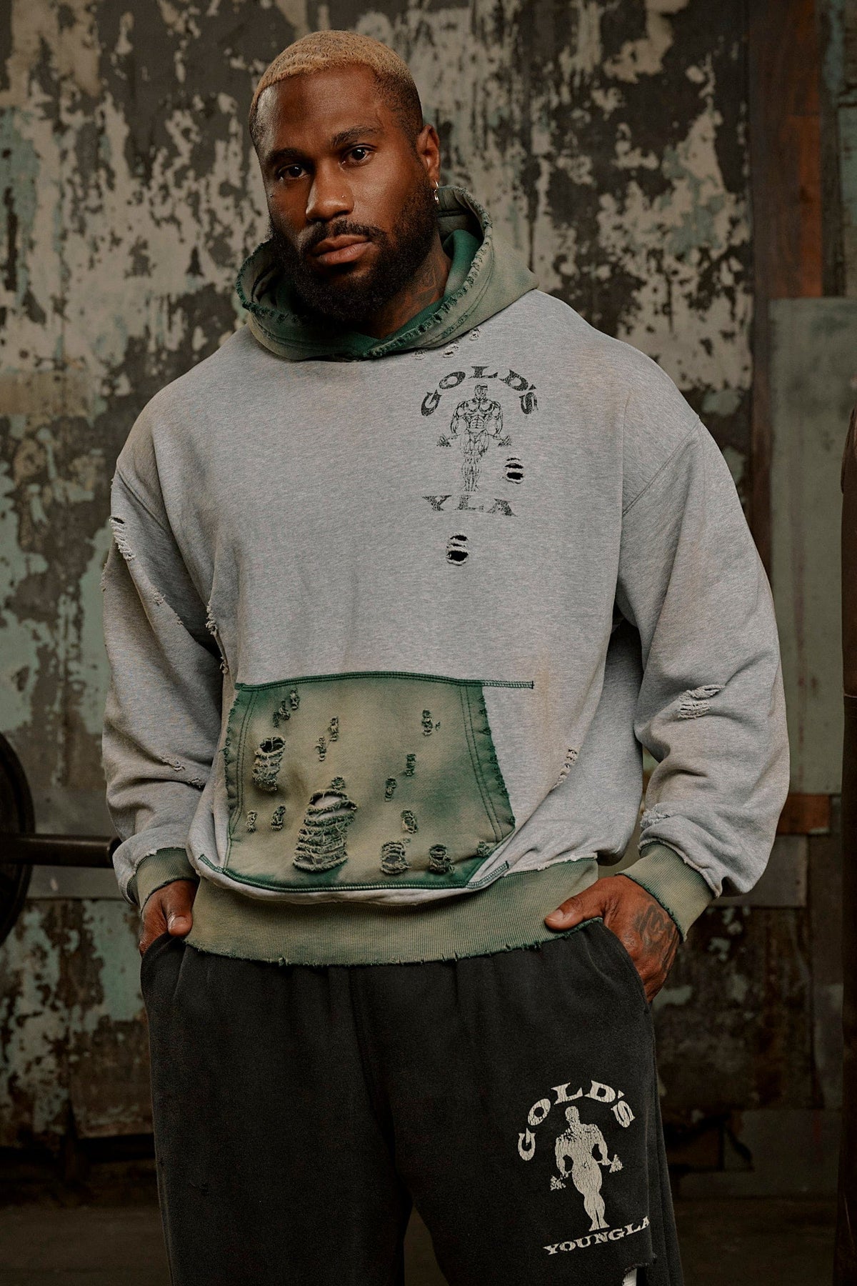 5168 - Gold’s Iron Legacy Distress Hoodies - Heather Grey/Teal Wash