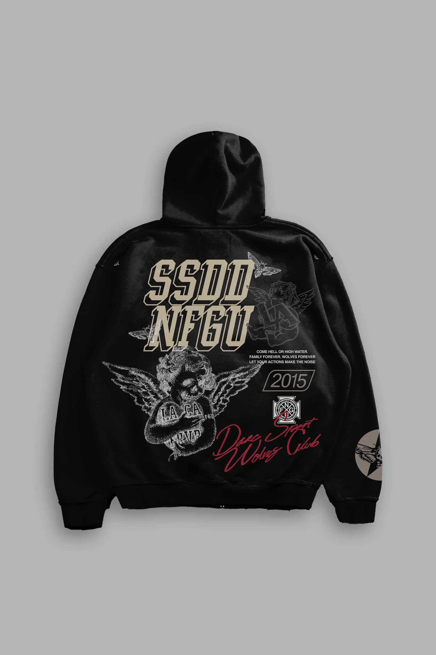 DS-0206 La Ca Frvr Grunge Moatis Zip Hoodie in Black