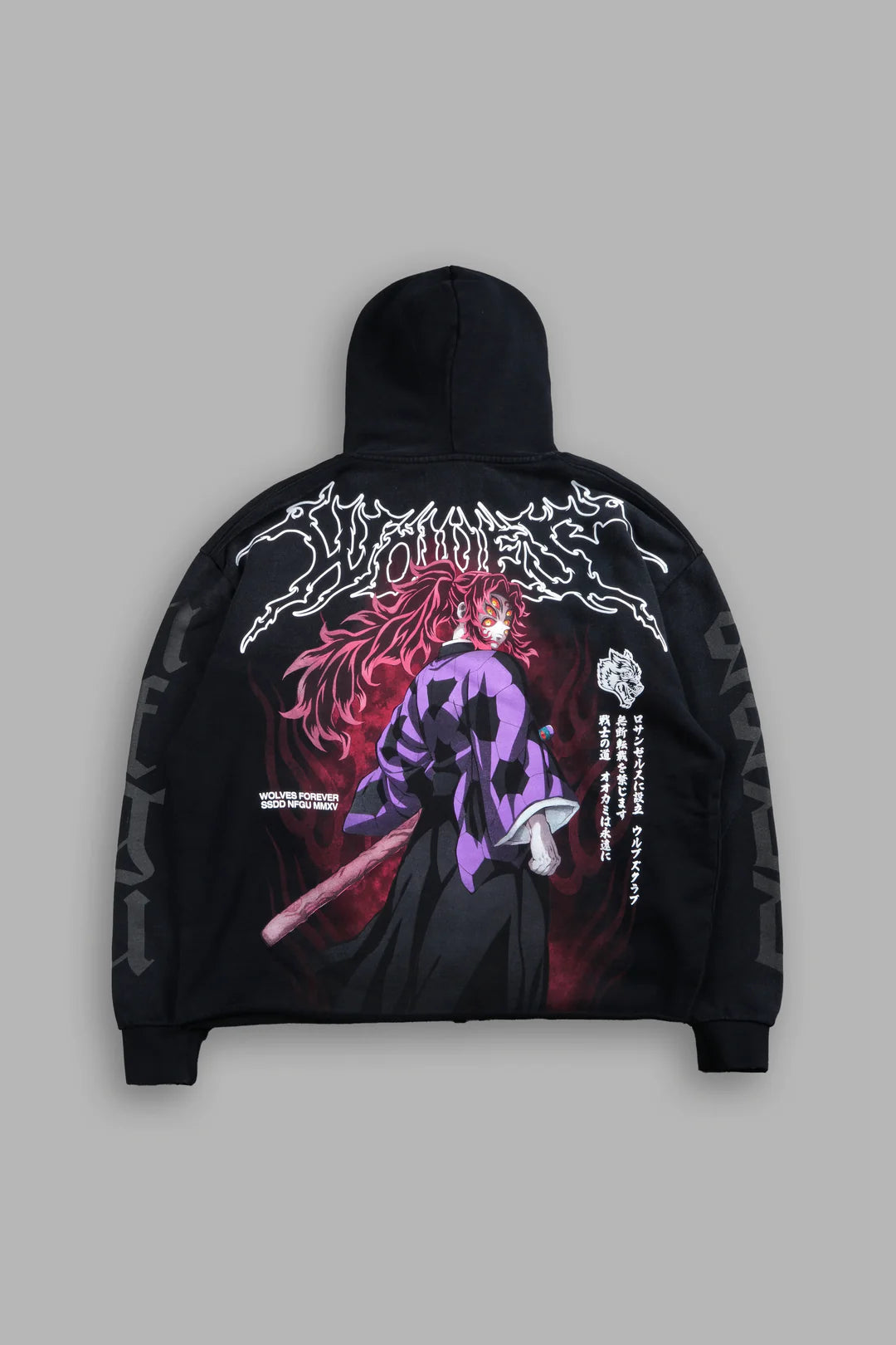 DS-0138 Blood Moon Distressed Grunge Mid Length Raw Hem Zip Hoodie in Black Sun Fade