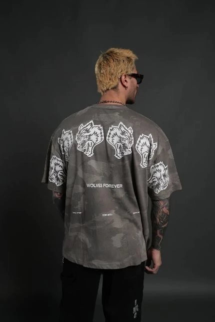 DS-0044 Wolves Have Your Back Unisex “Premium” Oversized Tee in Lush Vintage Woodland Camo