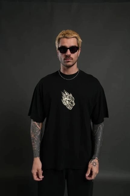 DS-0047 Wolves Inferno “Premium” Oversized Tee in Black
