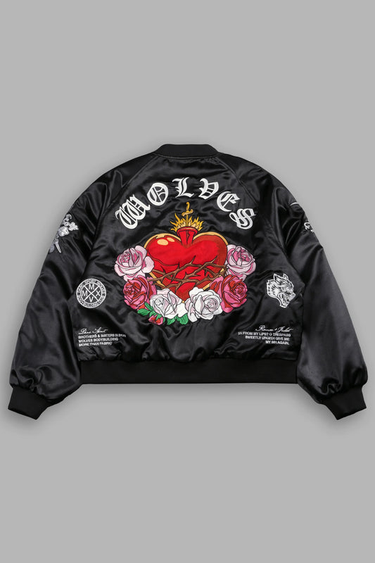 DS-0103 Last Love Unisex Cropped Satin Bomber Jacket in Black