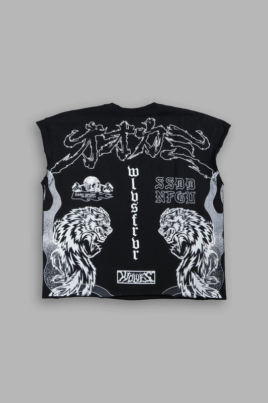 DS-0315 OUR CODE DISTRESSED GRUNGE CUT OFF MID LENGTH RAW HEM TEE IN BLACK