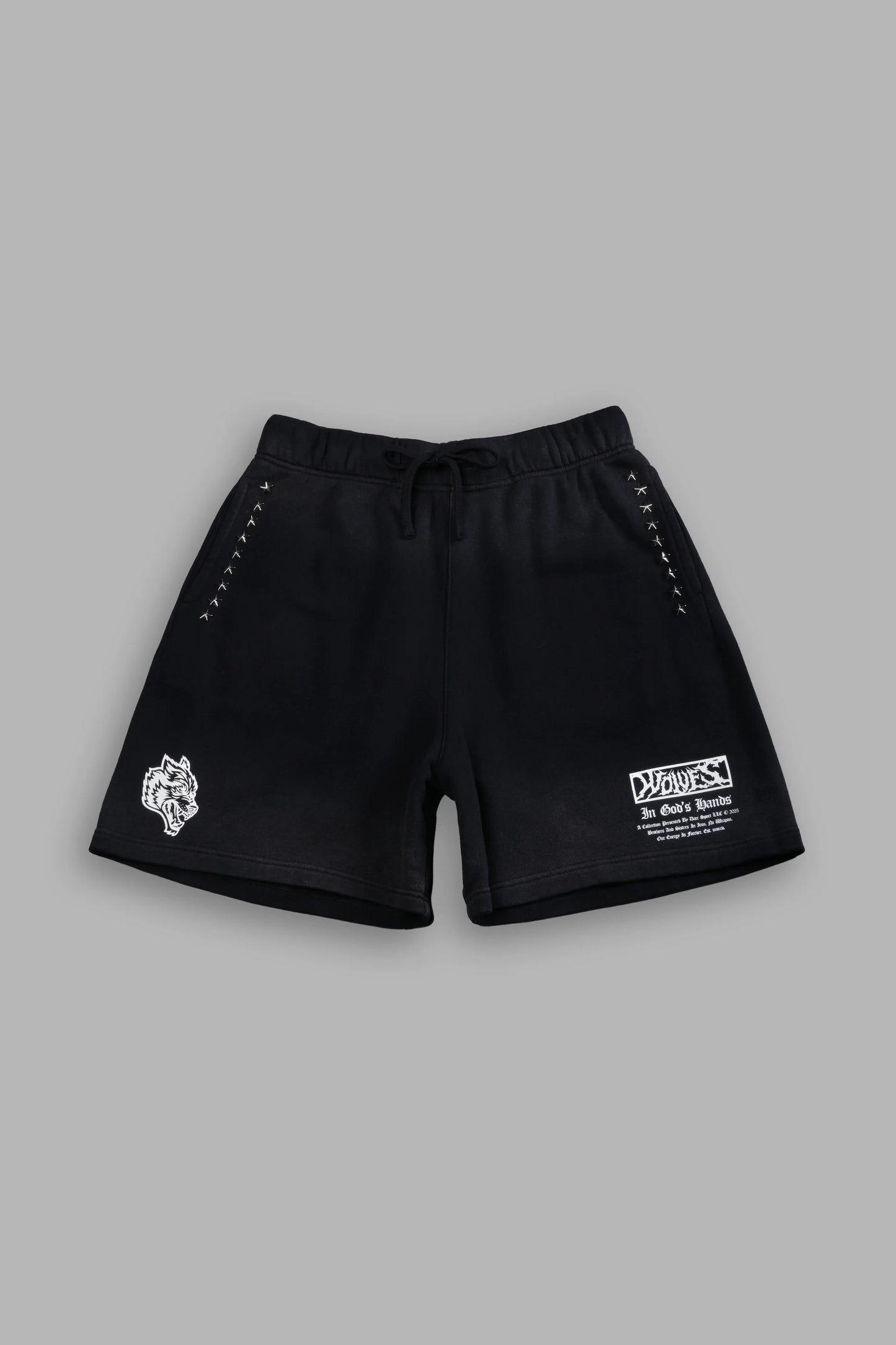 DS-0194 Studded Midnight Wolves Oversized Post Lounge Sweat Shorts in Black Drift Wash