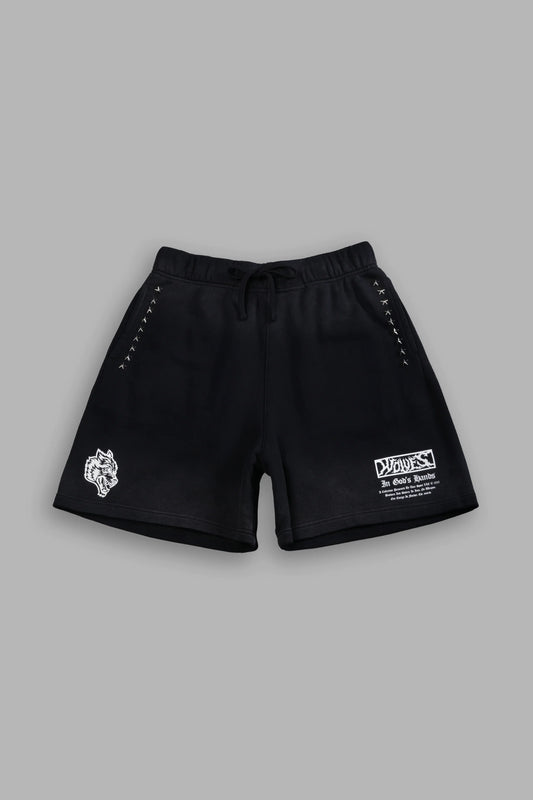 DS-0194 Studded Midnight Wolves Oversized Post Lounge Sweat Shorts in Black Drift Wash