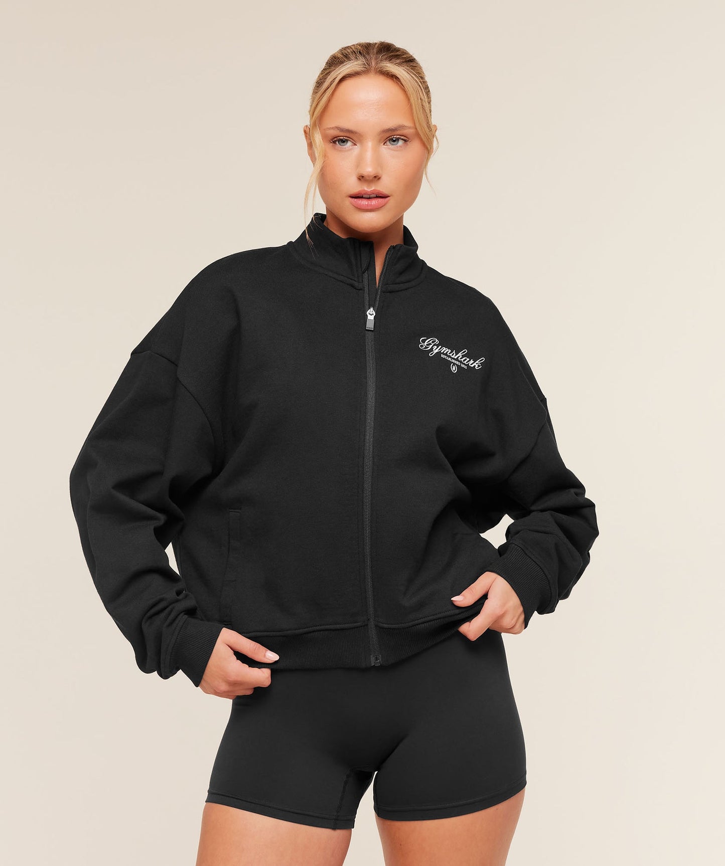 GSW-0130 Script Embroidery Oversized Zip Through - Black