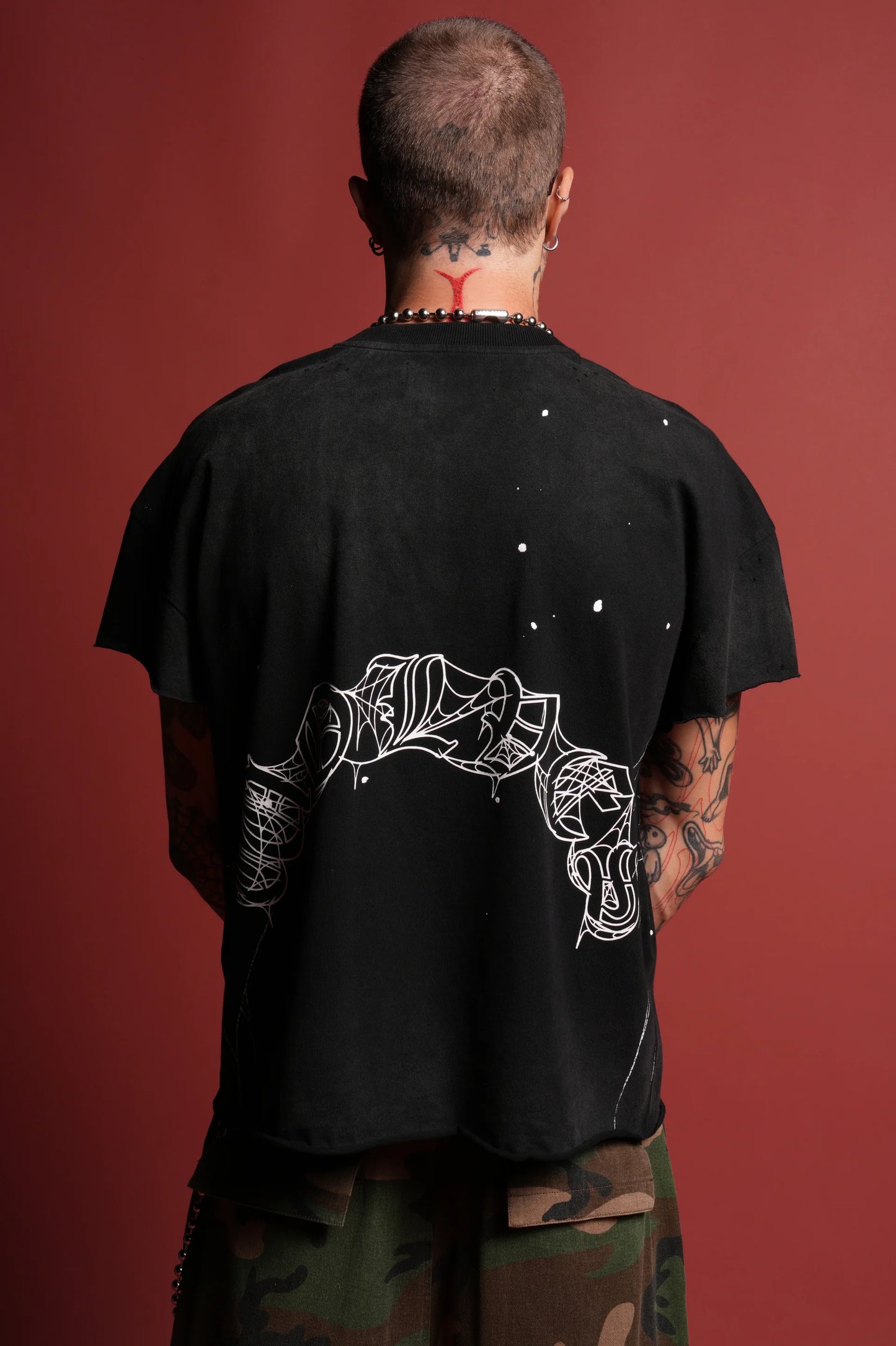 DS-0245 Web Chopper Distressed Grunge Mid Length Raw Hem Cap Sleeve Tee in Black Drift Wash